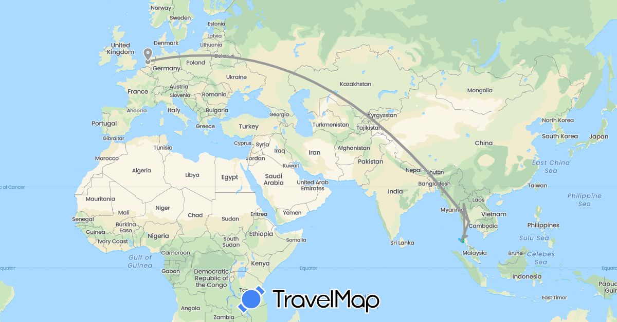 TravelMap itinerary: driving, bus, plane, boat in Netherlands, Thailand (Asia, Europe)